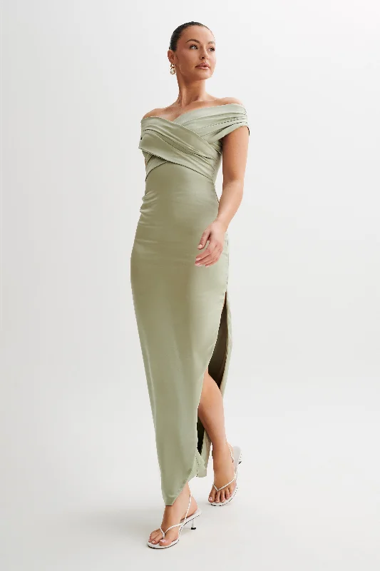 Harley Off Shoulder Satin Maxi Dress - Sage