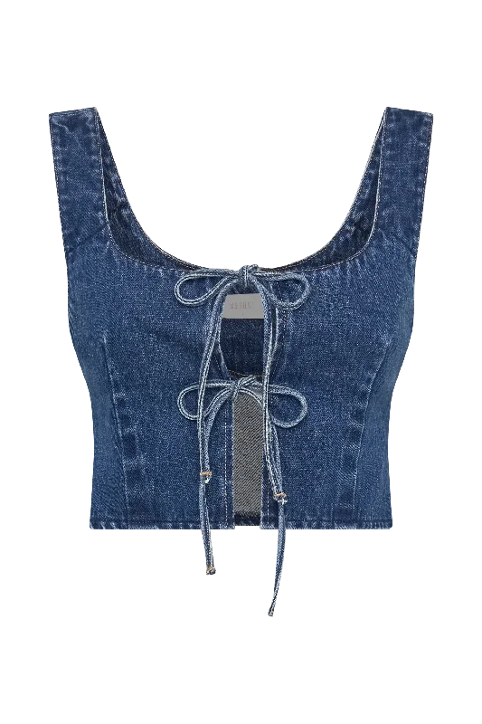 Heather Denim Tie Front Top - Dark Blue