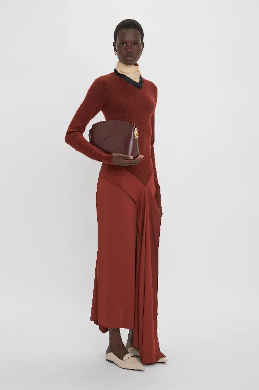 High Neck Tie Detail Dress In Russet