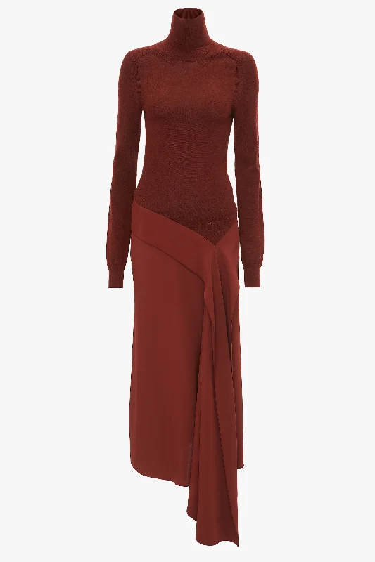 High Neck Tie Detail Dress In Russet