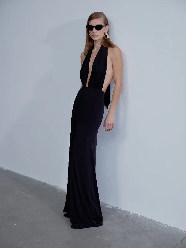 Ines Jersey Long Dress in Noire