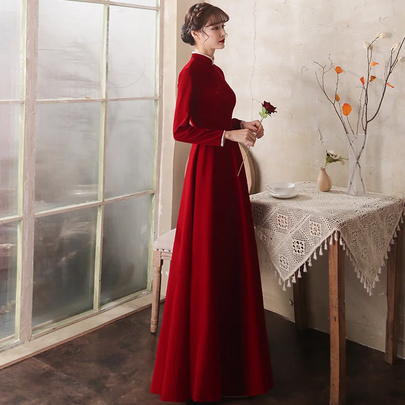 Mandarin Collar Long Sleeve A-Line Velvet Oriental Evening Dress