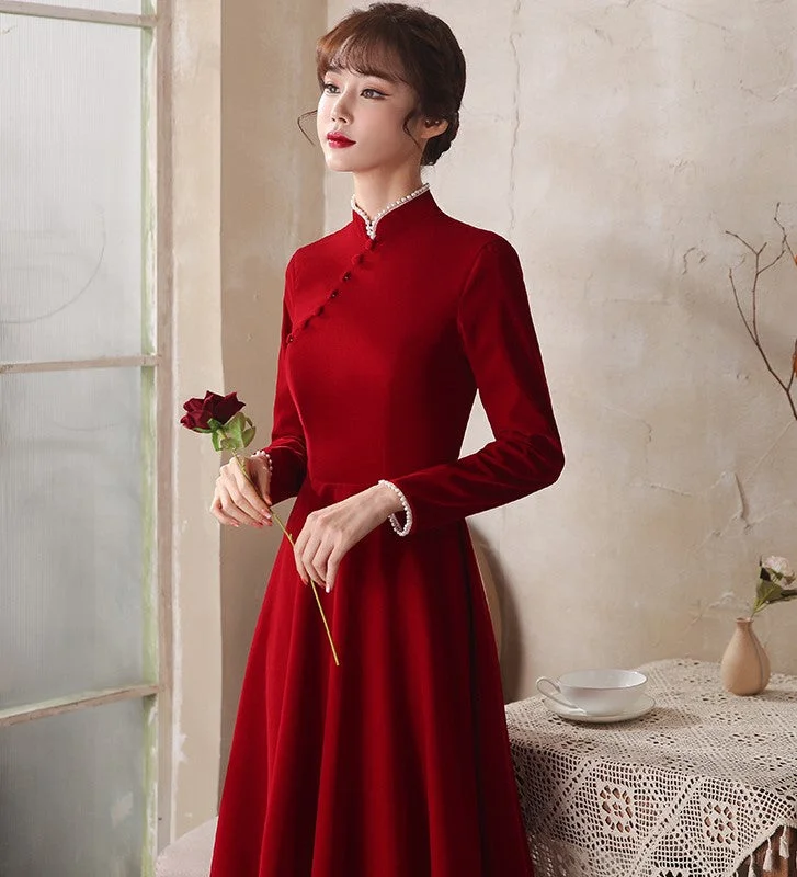 Mandarin Collar Long Sleeve A-Line Velvet Oriental Evening Dress