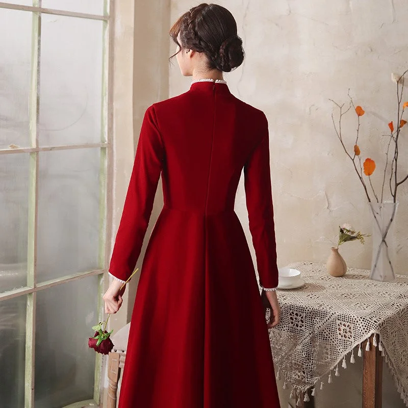 Mandarin Collar Long Sleeve A-Line Velvet Oriental Evening Dress