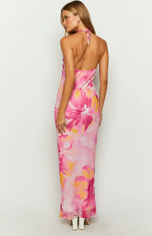 Orleans Pink Hibiscus Print Maxi Dress