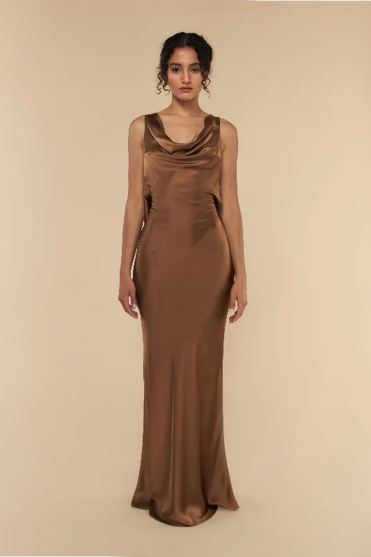 Plunging Back Cowl Dress Toffee