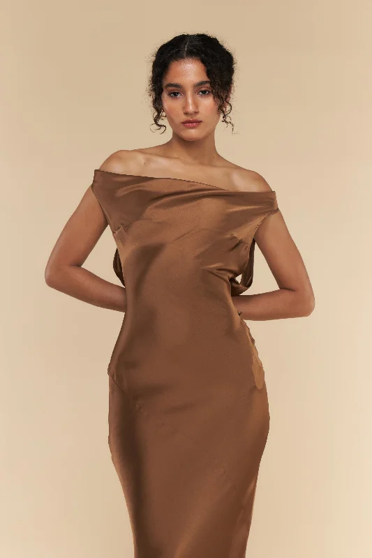 Plunging Back Cowl Dress Toffee