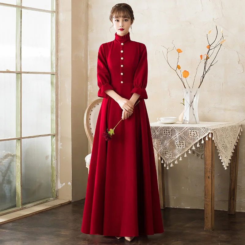 Puff Sleeve High Neck Velvet Oriental Evening Dress