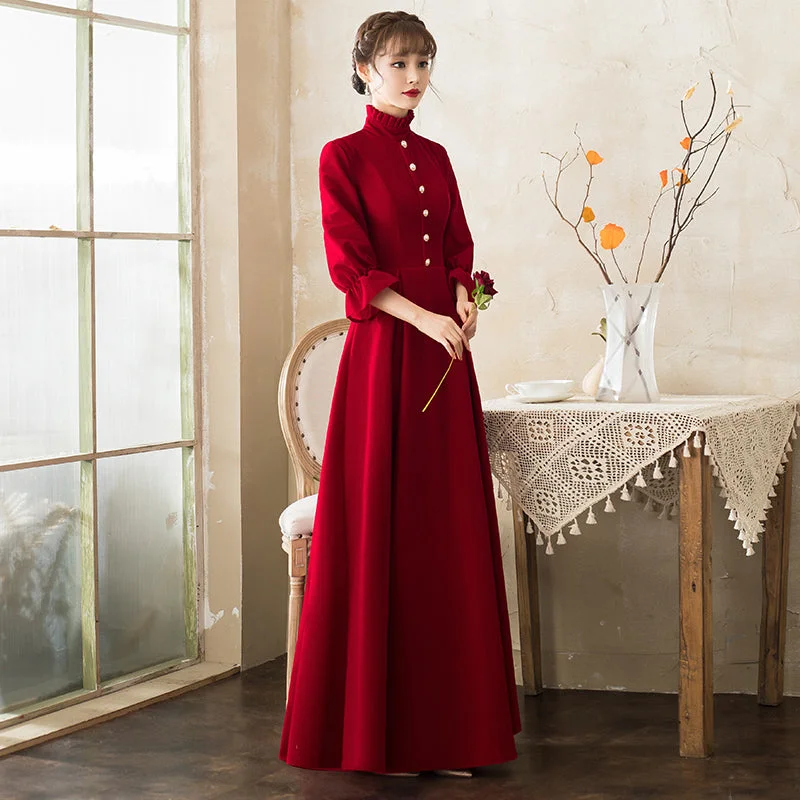 Puff Sleeve High Neck Velvet Oriental Evening Dress