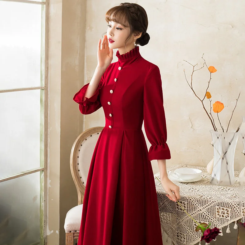 Puff Sleeve High Neck Velvet Oriental Evening Dress