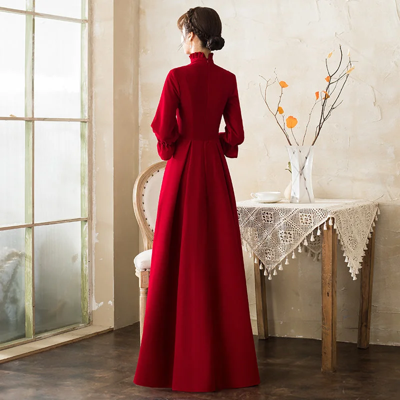 Puff Sleeve High Neck Velvet Oriental Evening Dress