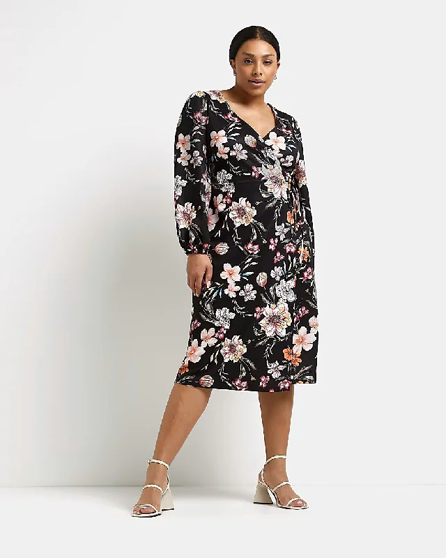 River Island Plus Black Floral Wrap Midi Dress Size 20 *** V501