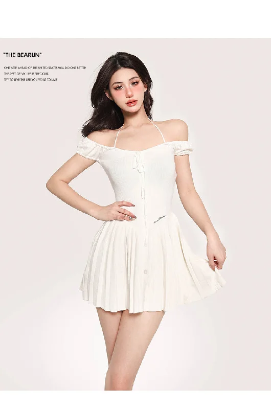 Stephanie Solid Color Button Up Ruched Off-the-Shoulder Sleeve Halter Neck Pleated Slim Mini Dress