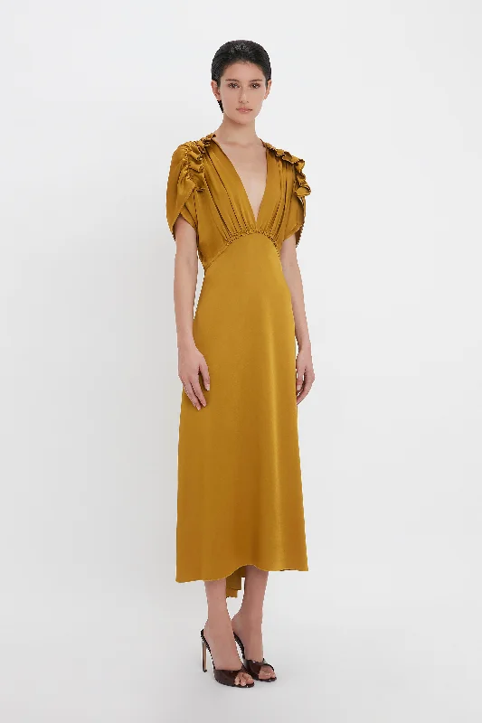 V-Neck Ruffle Midi Dress In Harvest Gold