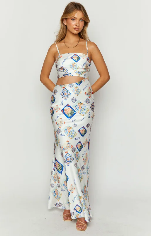 Willa White Satin Italia Print Maxi Dress