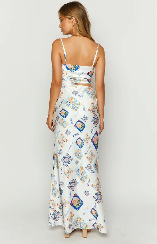 Willa White Satin Italia Print Maxi Dress