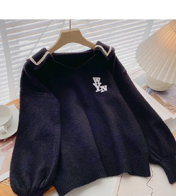 Design personalized letter print contrast Navy collar long sleeve top  6012