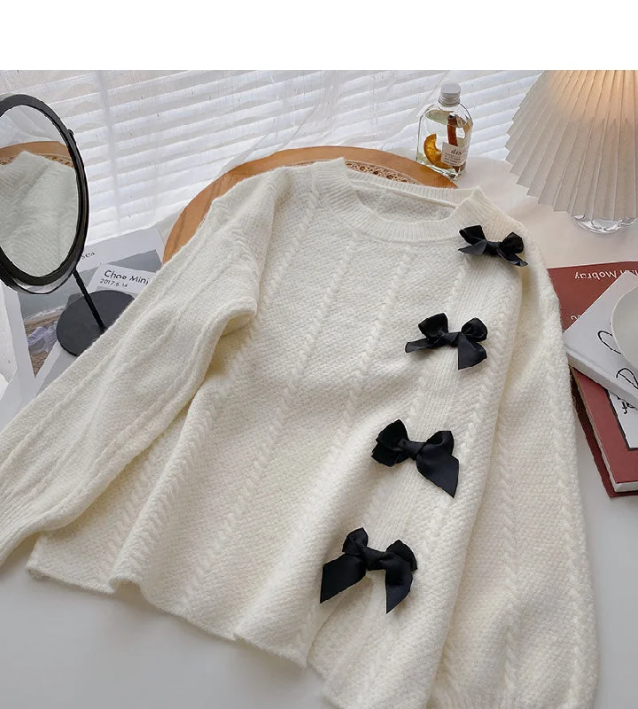 Korean bow design French Pullover long sleeve top  5915