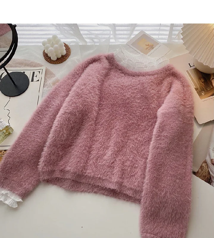 Lace edge stand collar Pullover long sleeve mohair sweater  5973