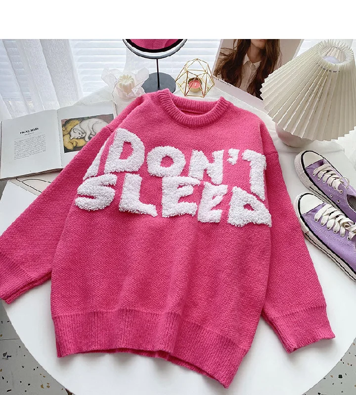 Versatile lazy personality letter flocking loose long sleeve Pullover Top  6008