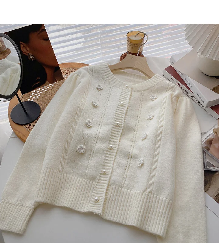 Vintage round neck pearl button cardigan sweater  6003