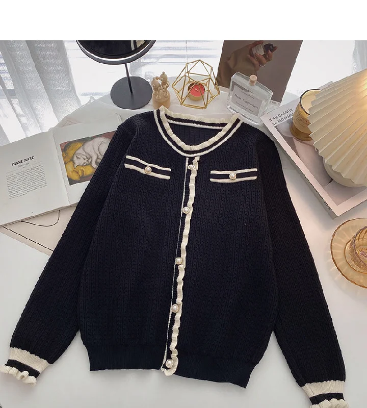 Xiaoxiangfeng color matching round neck sweater cardigan female  6011