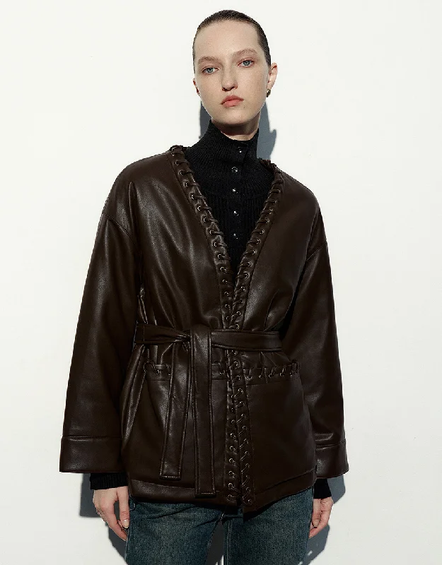 Drop Shoulder Sleeve Vegan Leather Jacket