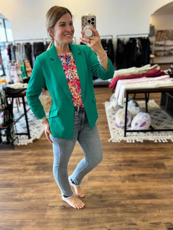 Eco-Friendly Recycled Poly Shirred Sleeve Blazer - Jade