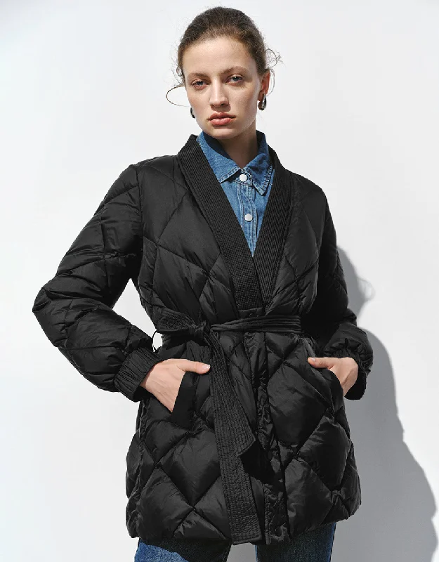 Embossed V-Neck Down Jacket With Belt