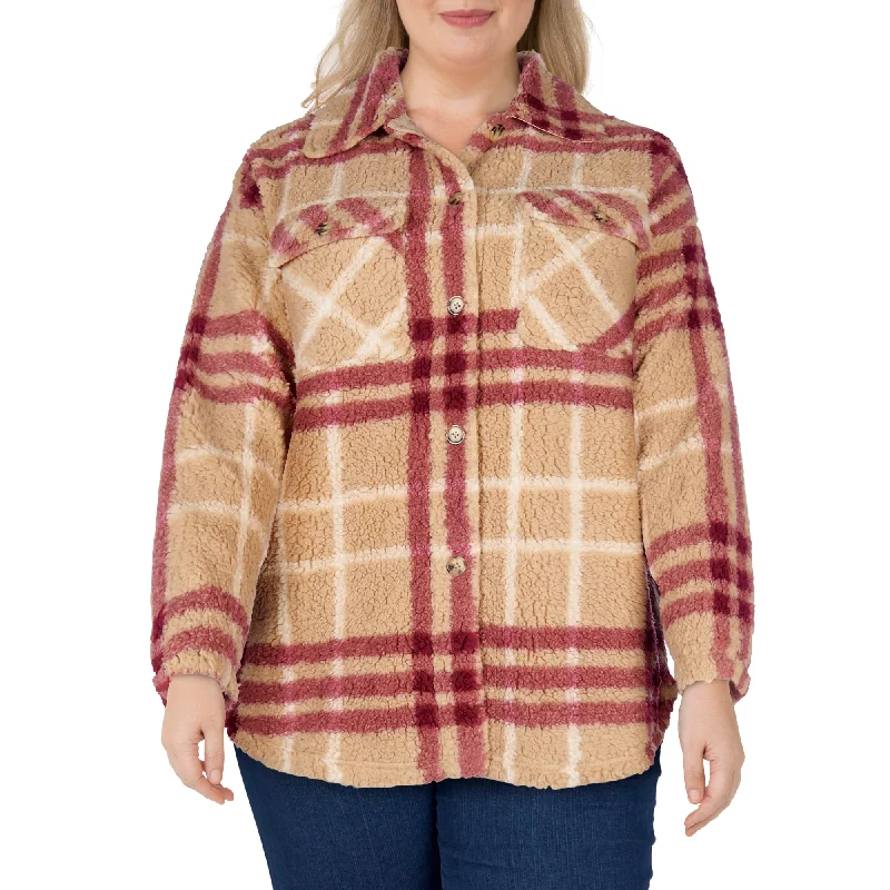 mySTYLE Women's Plus Plaid Sherpa Shacket with Full Button Closure