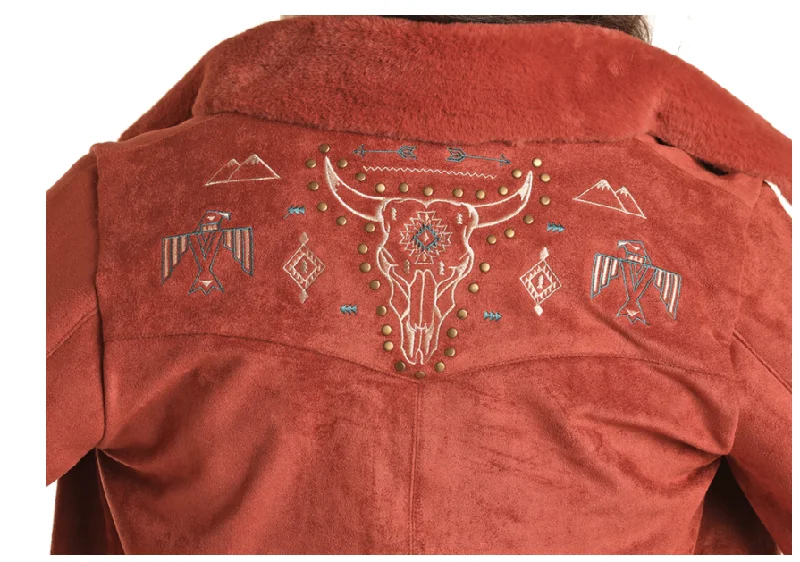 Rock and Roll Cowgirl Rust Faux Fur Embroidered Jacket