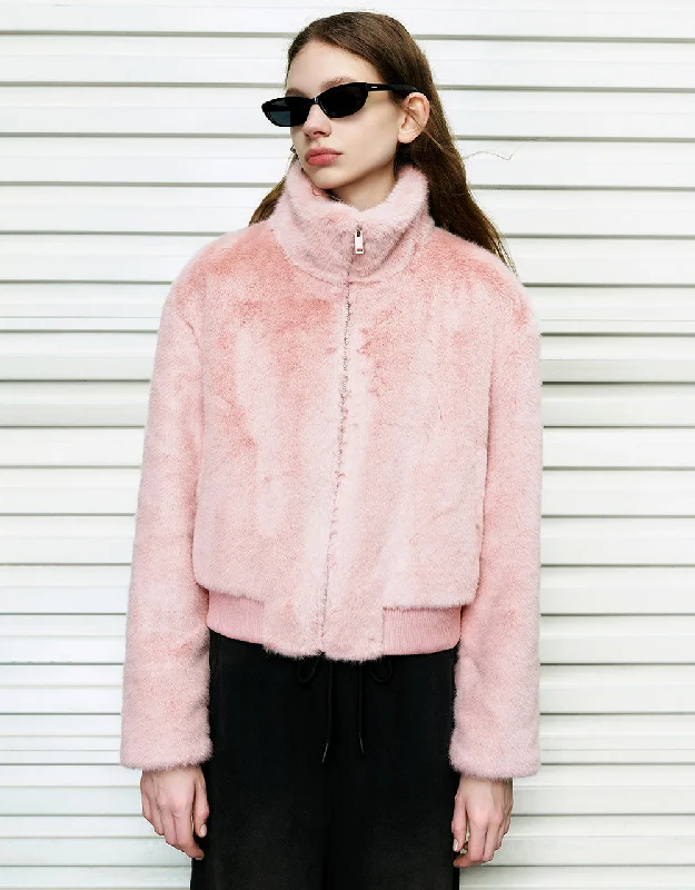 Stand Collar Straight Furry Jacket