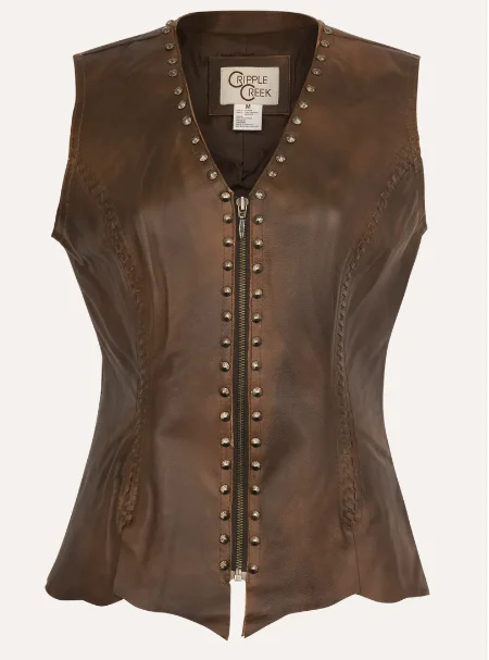 Women's Charlie Vintage Brown Studded Leather Vest