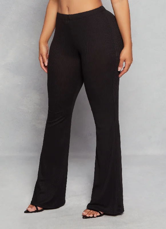 Solid Ribbed High Waisted Flare Pants