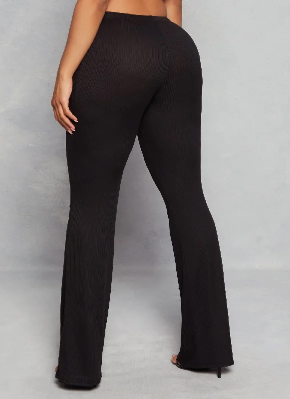 Solid Ribbed High Waisted Flare Pants