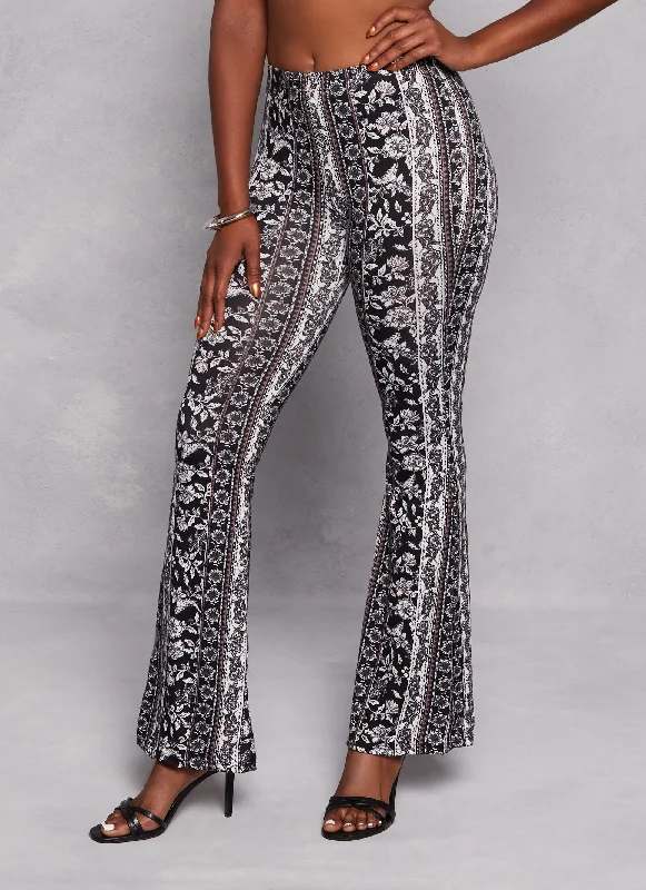 Paisley Border Print High Waist Flare Pants