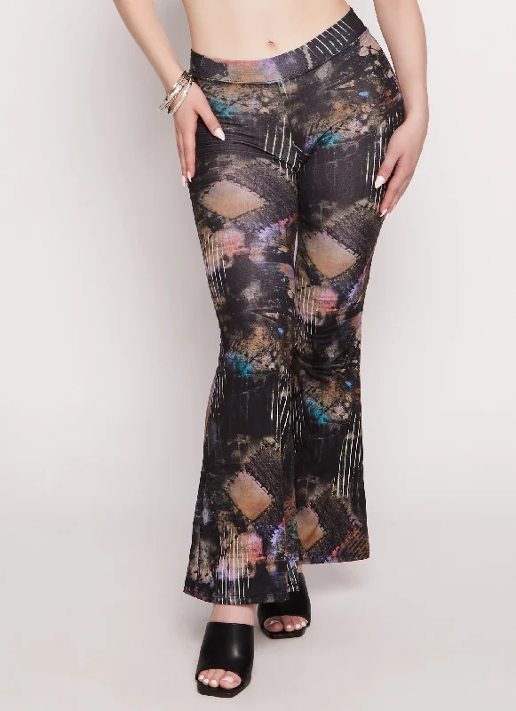 Patchwork Print High Waist Flare Pants