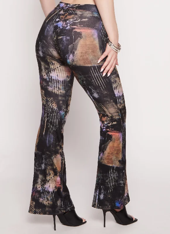 Patchwork Print High Waist Flare Pants