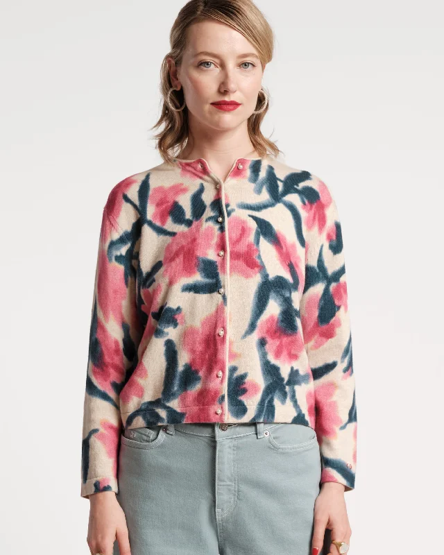 Darling Cardigan Cotton Cashmere Lotus Print Pink Multi