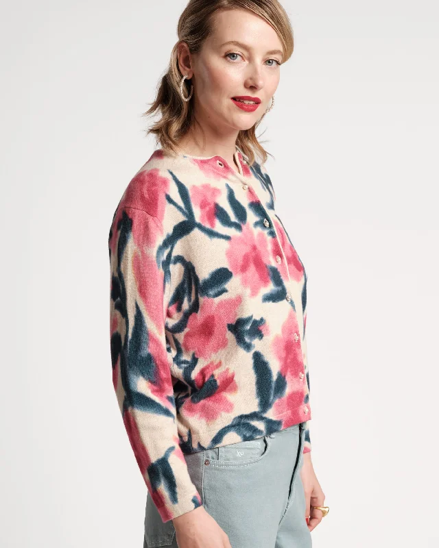 Darling Cardigan Cotton Cashmere Lotus Print Pink Multi