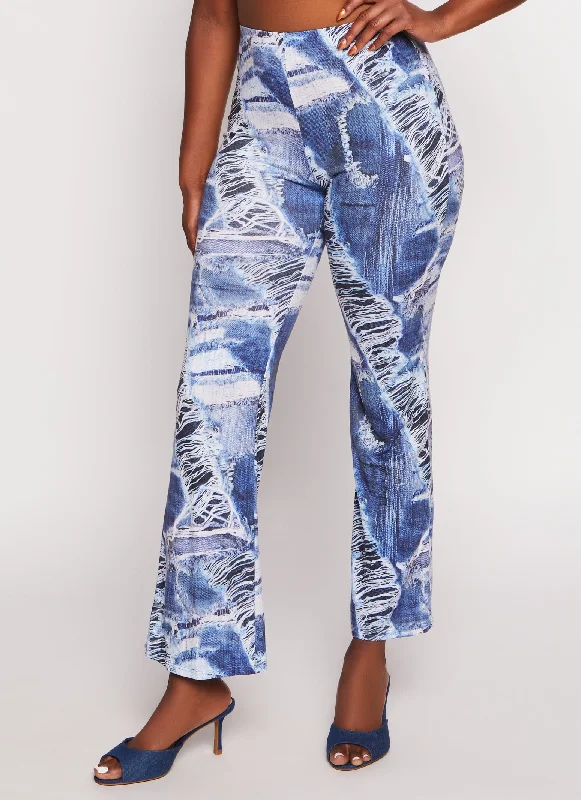 Distressed Denim Print High Waist Flare Pants