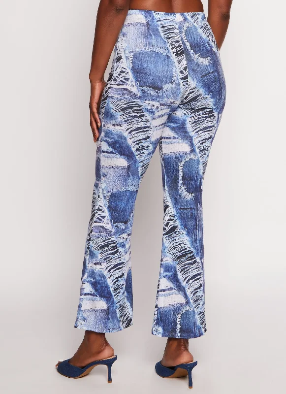 Distressed Denim Print High Waist Flare Pants