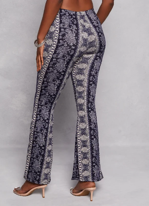 Paisley Border Print High Waist Flare Pants