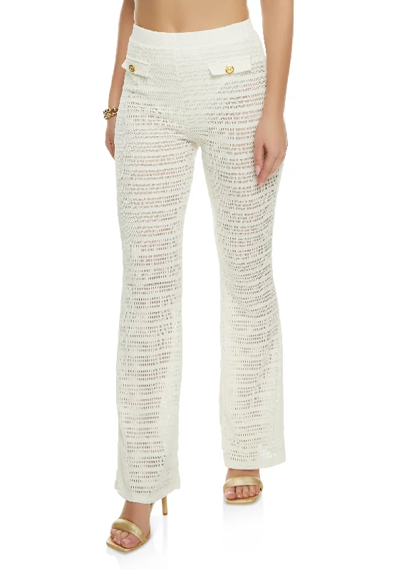 Textured Knit Faux Button Detail Flare Pants