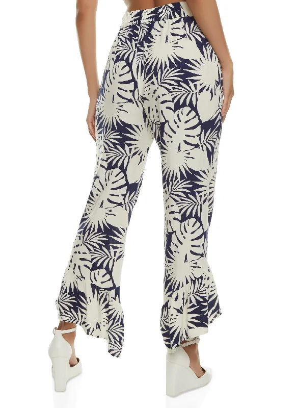 Palm Print Bell Bottom Pants