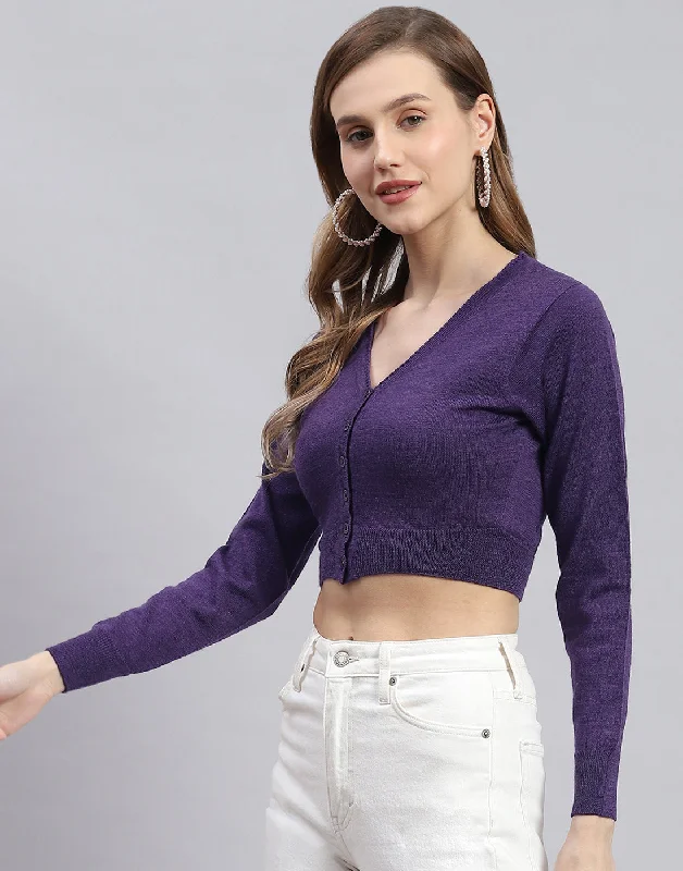 Women Purple Solid V Neck Full Sleeve Sweater