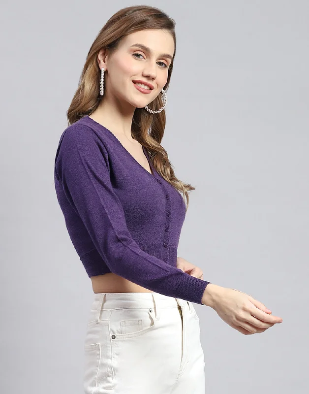 Women Purple Solid V Neck Full Sleeve Sweater