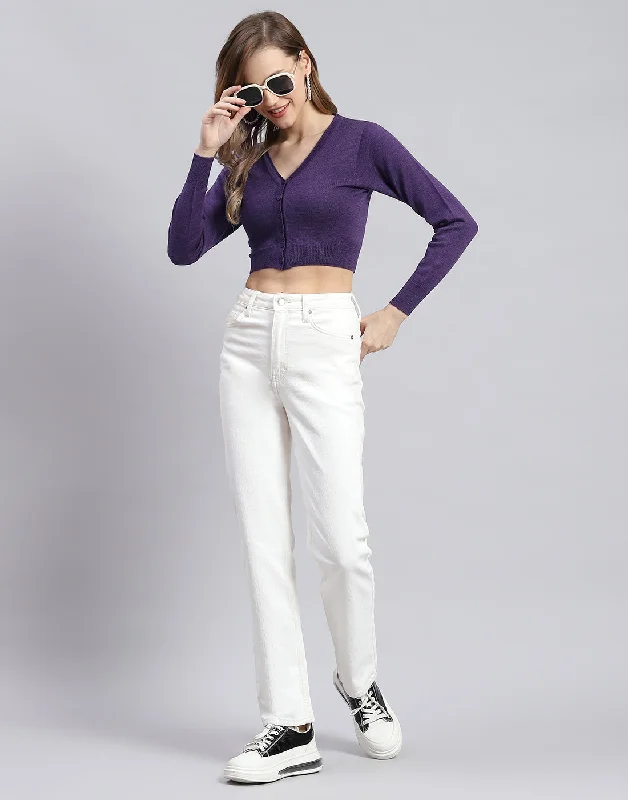 Women Purple Solid V Neck Full Sleeve Sweater