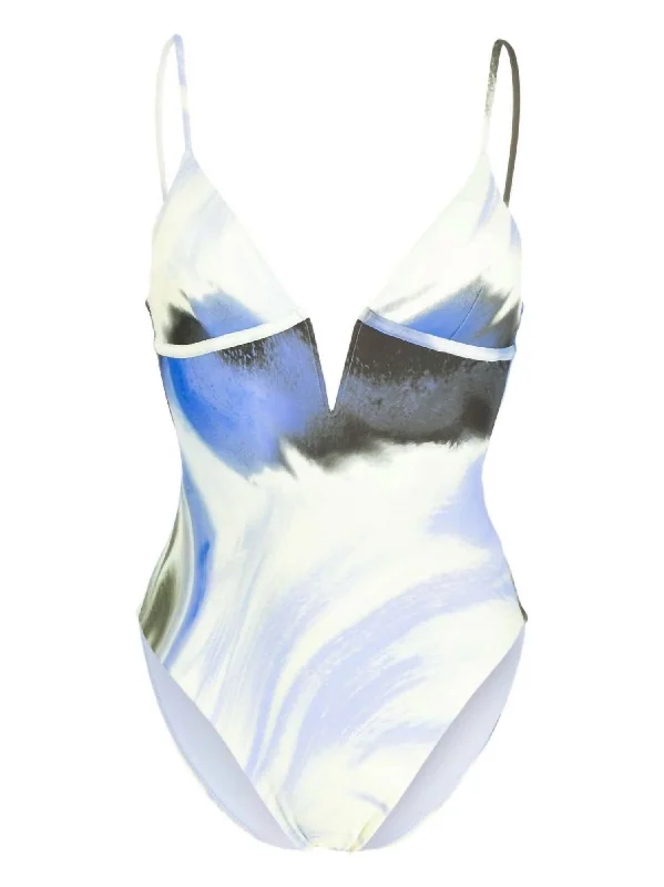 Maelle V-Neck One Piece Swimsuit In Marina Blue Print