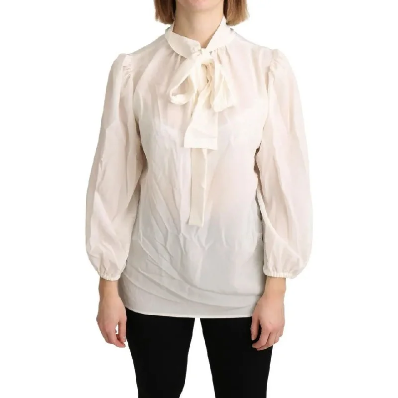 Dolce & Gabbana Off White Scarfneck Long Sleeves Blouse Silk Top